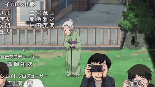 a man is taking a picture of an elderly woman in a cartoon
