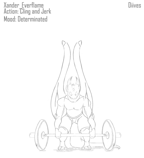 a drawing of a dragon lifting a barbell with the caption xander everflame