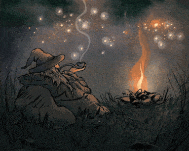 a drawing of a man smoking a pipe next to a fire