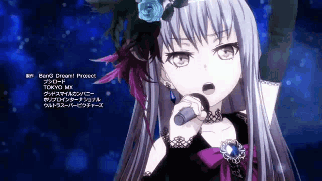 a girl with long gray hair is singing into a microphone in a video game