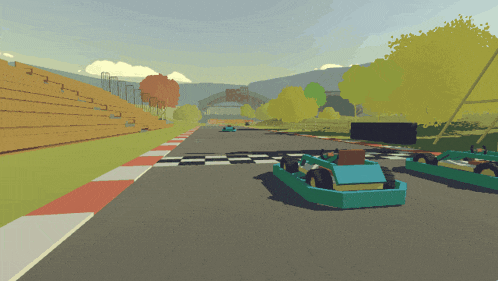 a cartoon drawing of a go kart race with a checkered finish line