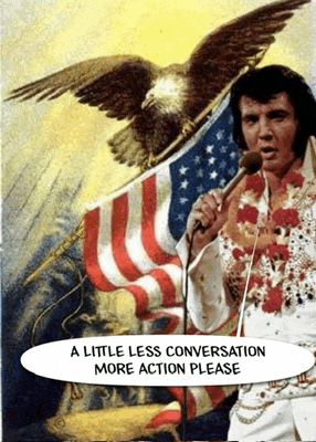elvis presley singing into a microphone with an eagle and an american flag in the background