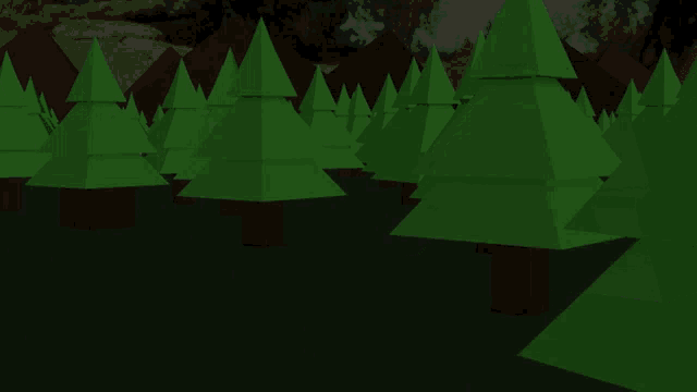 a computer generated image of a forest with trees and a person in the background
