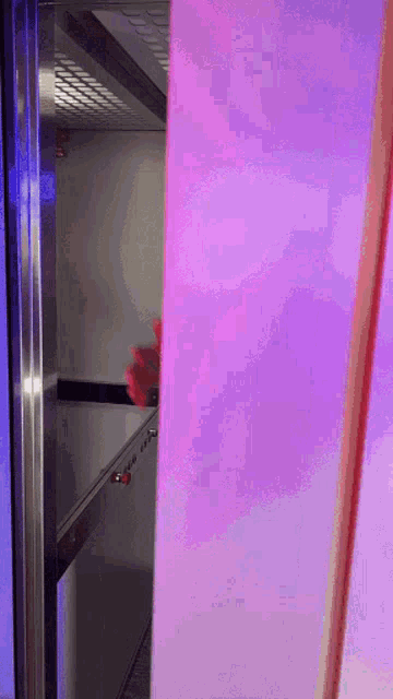a pink and purple wall with a stainless steel border