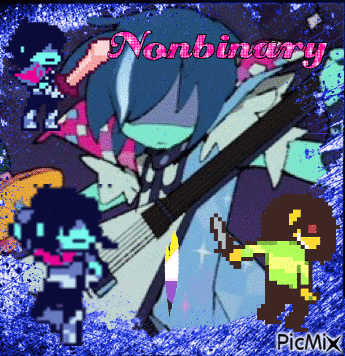 a pixel art of a girl playing a guitar with the words nonbinary written on it
