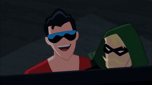 a woman in a red dress is doing a handstand next to a man in a green jacket