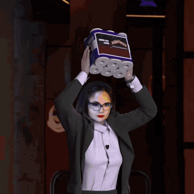 a woman holds a roll of toilet paper over her head with the number 888 on it