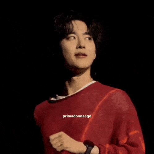 a man wearing a red shirt with primadonnaego written on the front