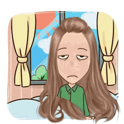 a cartoon of a woman laying in bed with her eyes closed and a window in the background .