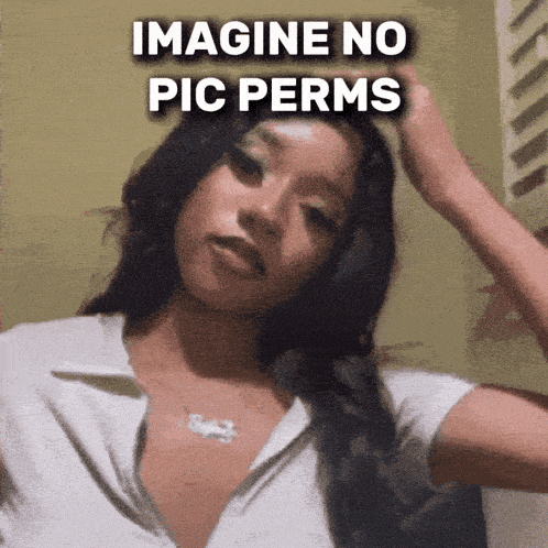 a picture of a girl with the words imagine no pic perms above her