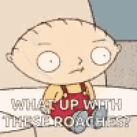 a cartoon character from family guy is sitting on a couch and looking at the camera .