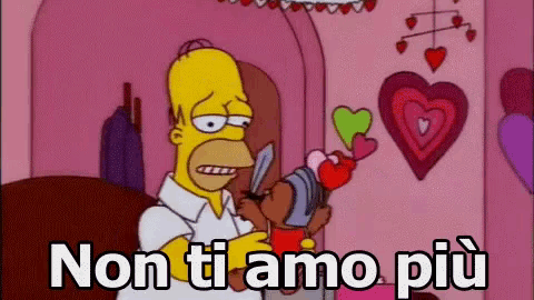 a cartoon of homer simpson holding hearts and saying non ti amo piu
