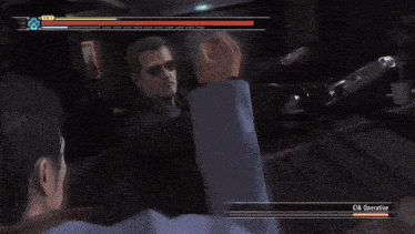 a video game screen shows two men fighting and says cia operative on the bottom right