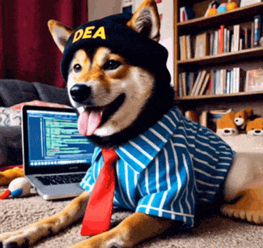 a dog wearing a beanie that says dea