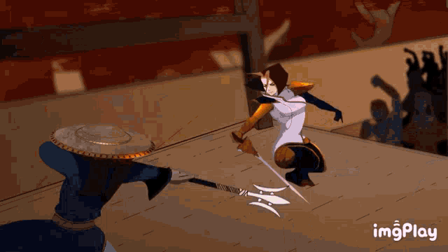 a cartoon of a woman holding a sword with imgplay written on the bottom right