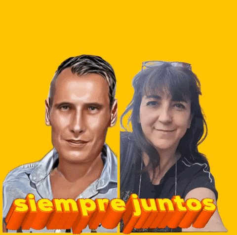 a man and a woman are standing next to each other and the words siempre juntos are on a yellow background