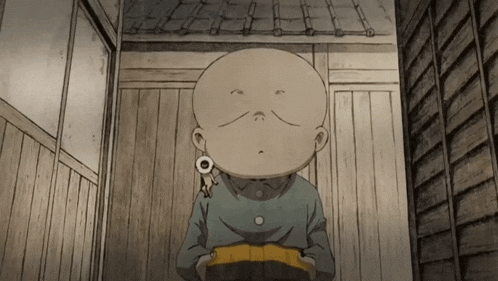 a cartoon character with a bald head is standing in a room