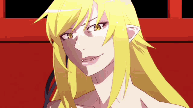 a close up of a woman with yellow hair and fangs