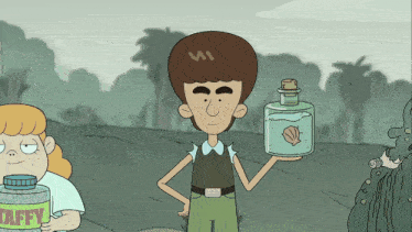 a cartoon character holding a bottle with a seashell in it