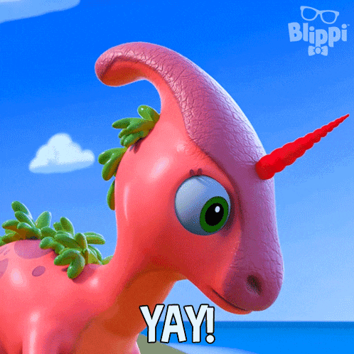 a pink dinosaur with a red horn and the words yay on the bottom