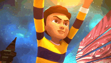 a cartoon boy in a yellow and purple striped shirt is holding up his arms in the air