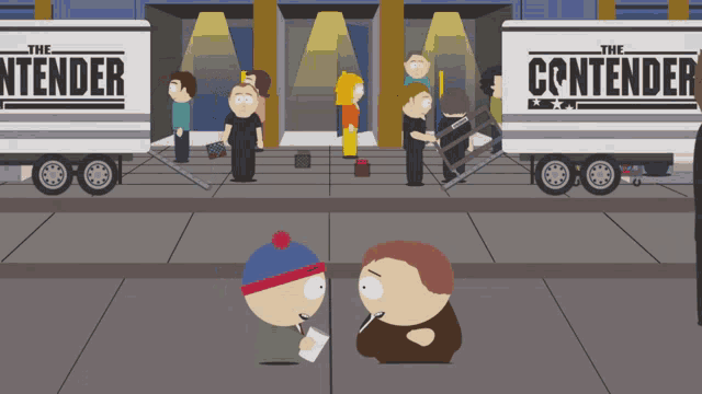 two cartoon characters standing in front of a trailer that says " the contender "