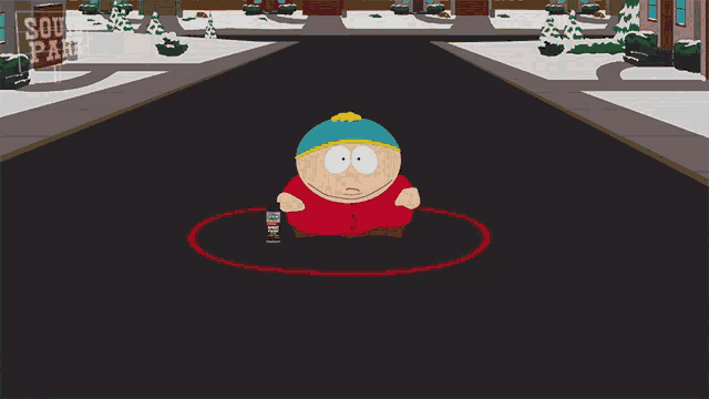 a cartoon character from south park is standing in a red circle and says fist bump