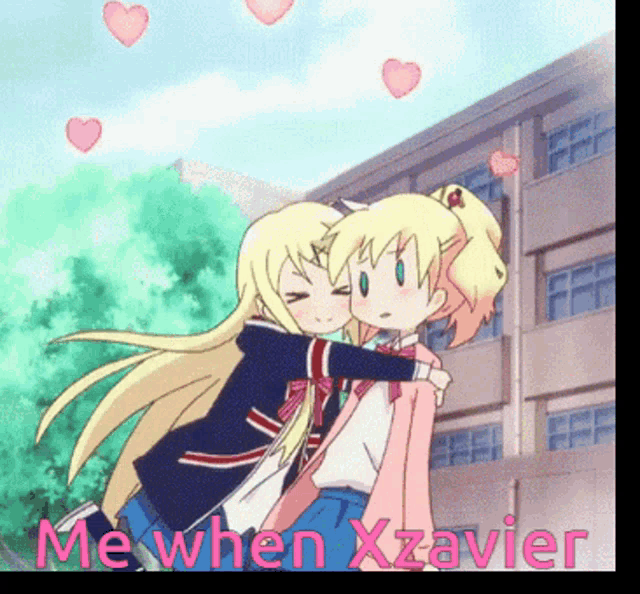 a picture of a girl hugging another girl with the words me when xzavier