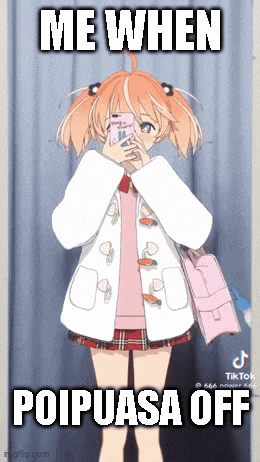 a girl in a white coat is holding a cell phone in front of her face with the caption " me when poipuasa off "
