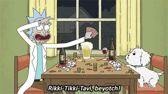 a cartoon of rick and morty playing a game of cards with a dog