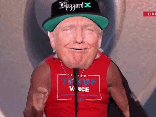 a man wearing a trump vince tank top and a hat