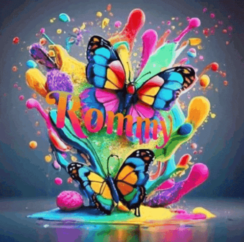 a painting of colorful butterflies with the name kommy in red