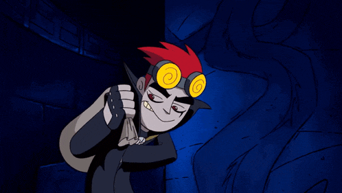 a cartoon character with red hair and goggles is smiling
