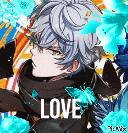 a man with a scarf around his neck is surrounded by blue flowers and butterflies and the word love is written on the bottom