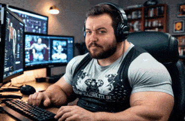 a man wearing headphones is typing on a keyboard and has a shirt that says ' dwarvladrildur '