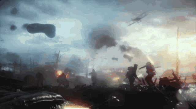 a painting of a battle scene with parachutes flying in the background