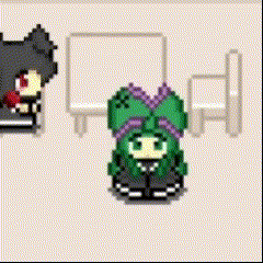 a pixel art of a girl with green hair and a purple bow on her head