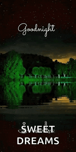 a goodnight sweet dreams greeting card with a lake and trees in the background .