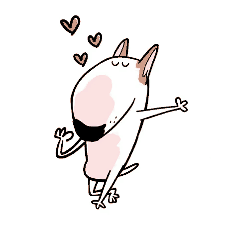 a cartoon drawing of a bull terrier with three red hearts above his head