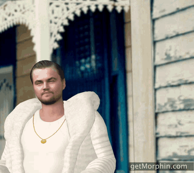 a man in a white fur coat is standing in front of a building with the website getmorphin.com displayed