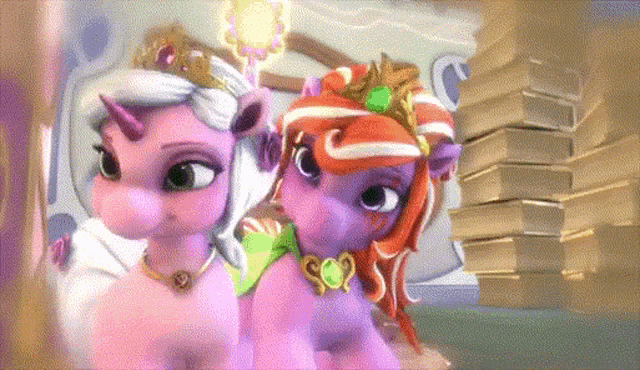 a couple of ponies standing next to each other with a stack of books in the background