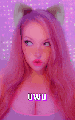 a girl with pink hair and cat ears says uwu on a purple background