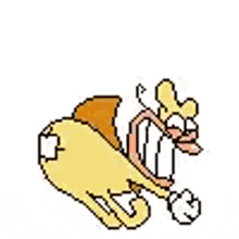 a pixel art drawing of a chicken holding a toothbrush in its mouth .