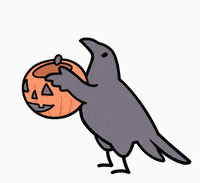 a black crow is holding a pumpkin with a face on it .