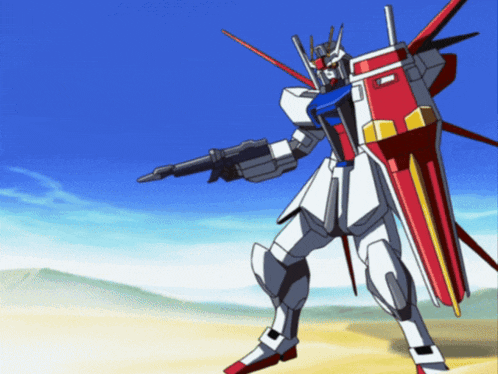 a robot with a shield and a gun is standing in the desert