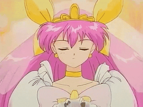 a girl with pink hair is wearing a white dress and a tiara .