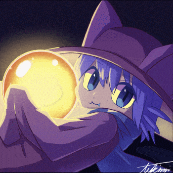 a drawing of a witch with a purple hat holding a yellow ball