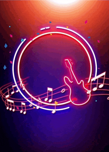 a neon guitar is surrounded by music notes and a circle