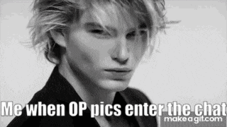 a black and white photo of a man with a caption that says ' me when op pics enter the chat '
