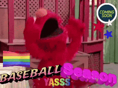 elmo from sesame street with the words baseball season yasss behind him